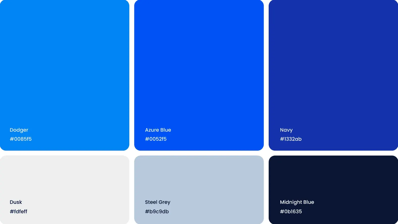 The color palette: Dodger, Azure Blue, Navy, Dusk, Steel Grey and Midnight Blue