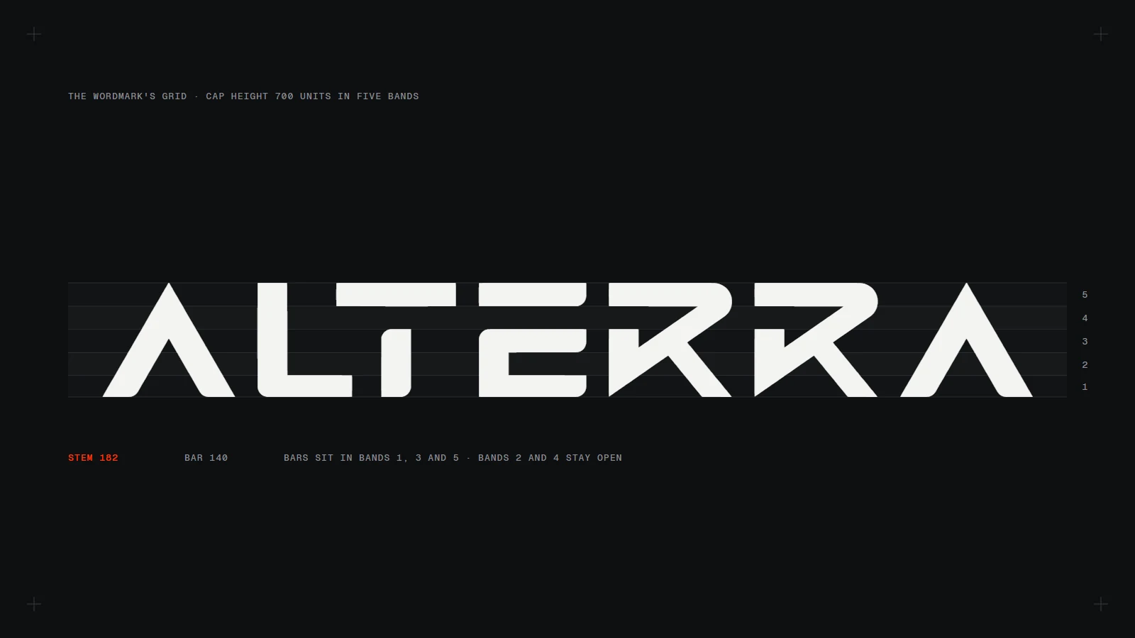 ALTERRA set in Alterra Primary Bold over the wordmark's five-band grid, stem 182 and bar 140