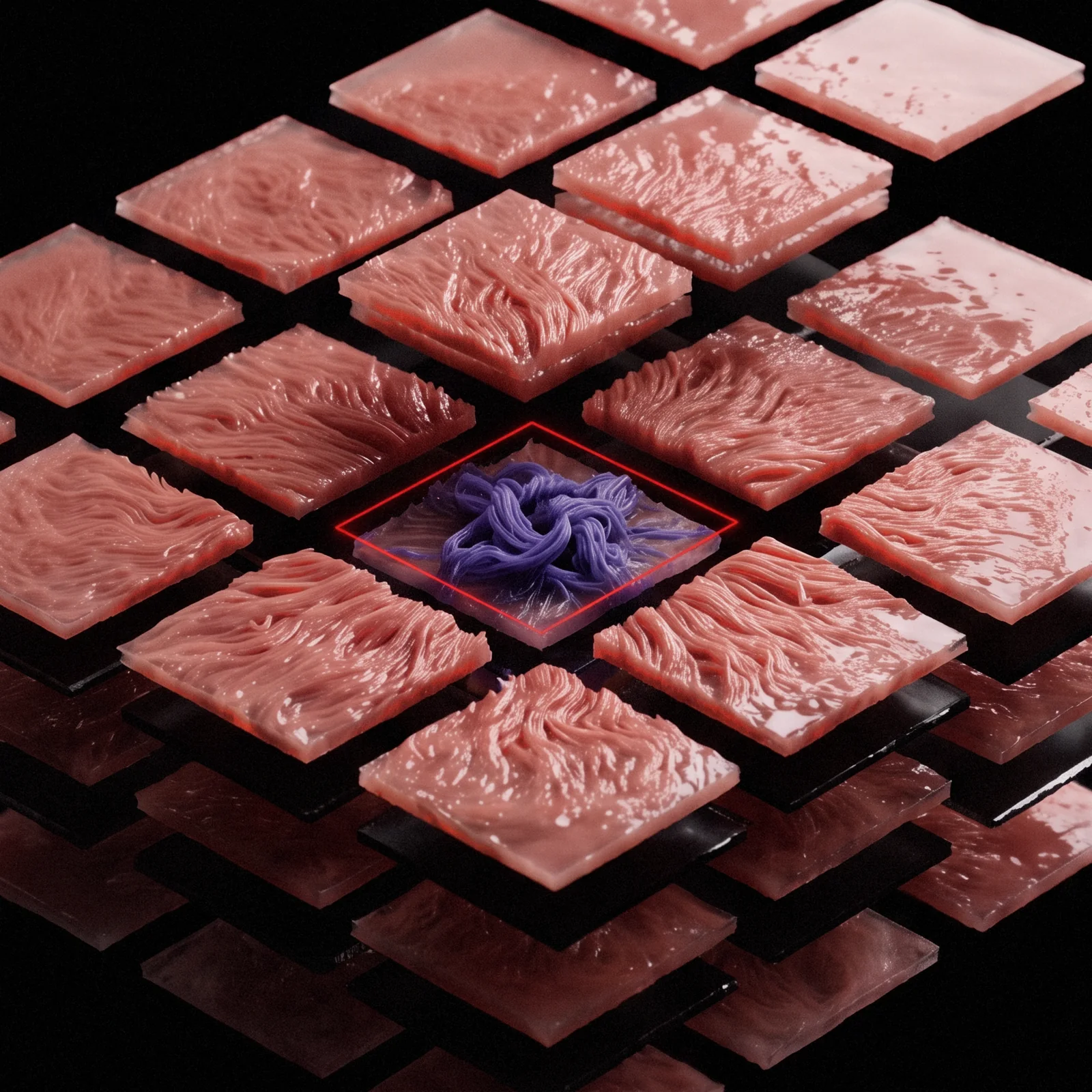 Amoeba key art: tissue cut into floating tiles, one violet cell boxed in red