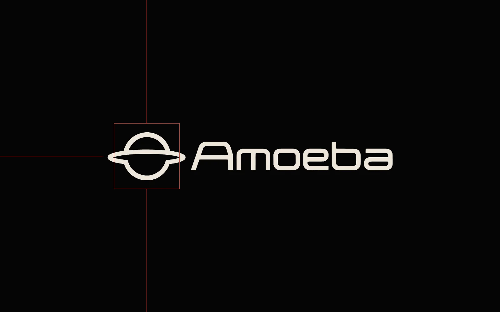 The Amoeba lockup in bone on black, the mark boxed by a red reticle