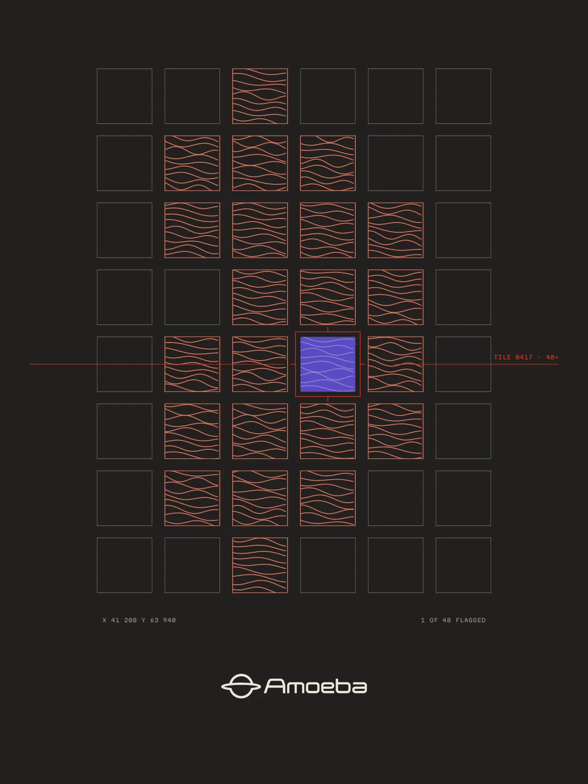 Tee print: a grid of coral tiles with one violet tile