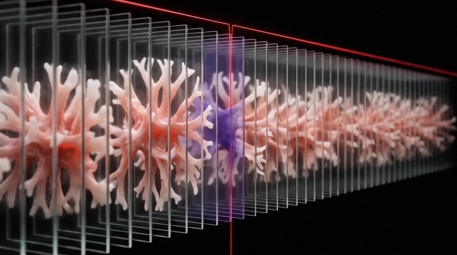 Serial sections of coral tissue on glass panes, one pane violet, a red line dropping at it