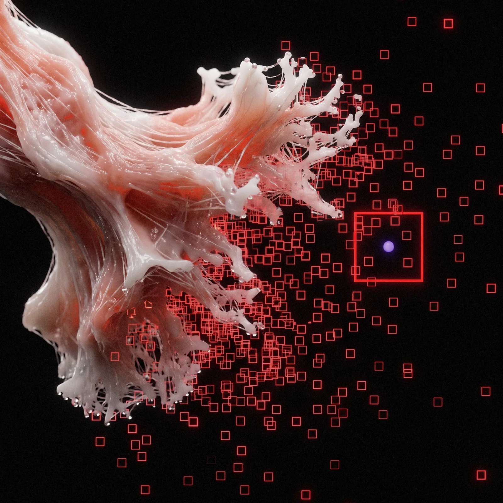 Amoeba key art: a coral form breaking into red boxes, one locked on a violet point