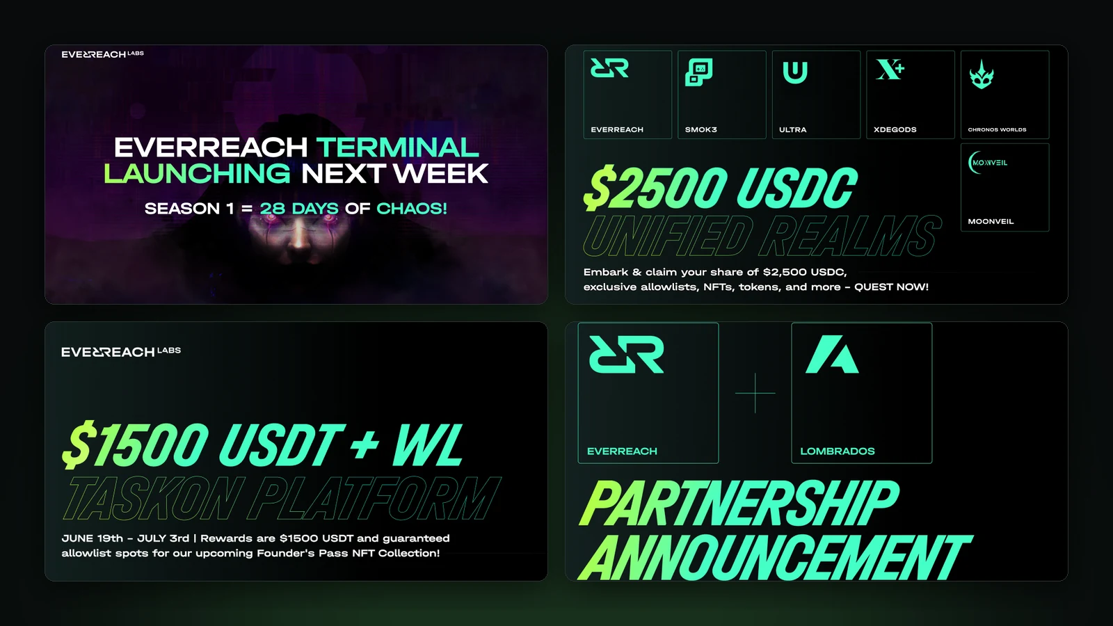 Four campaign graphics: Terminal launch, Unified Realms, TaskOn and the Lombrados partnership