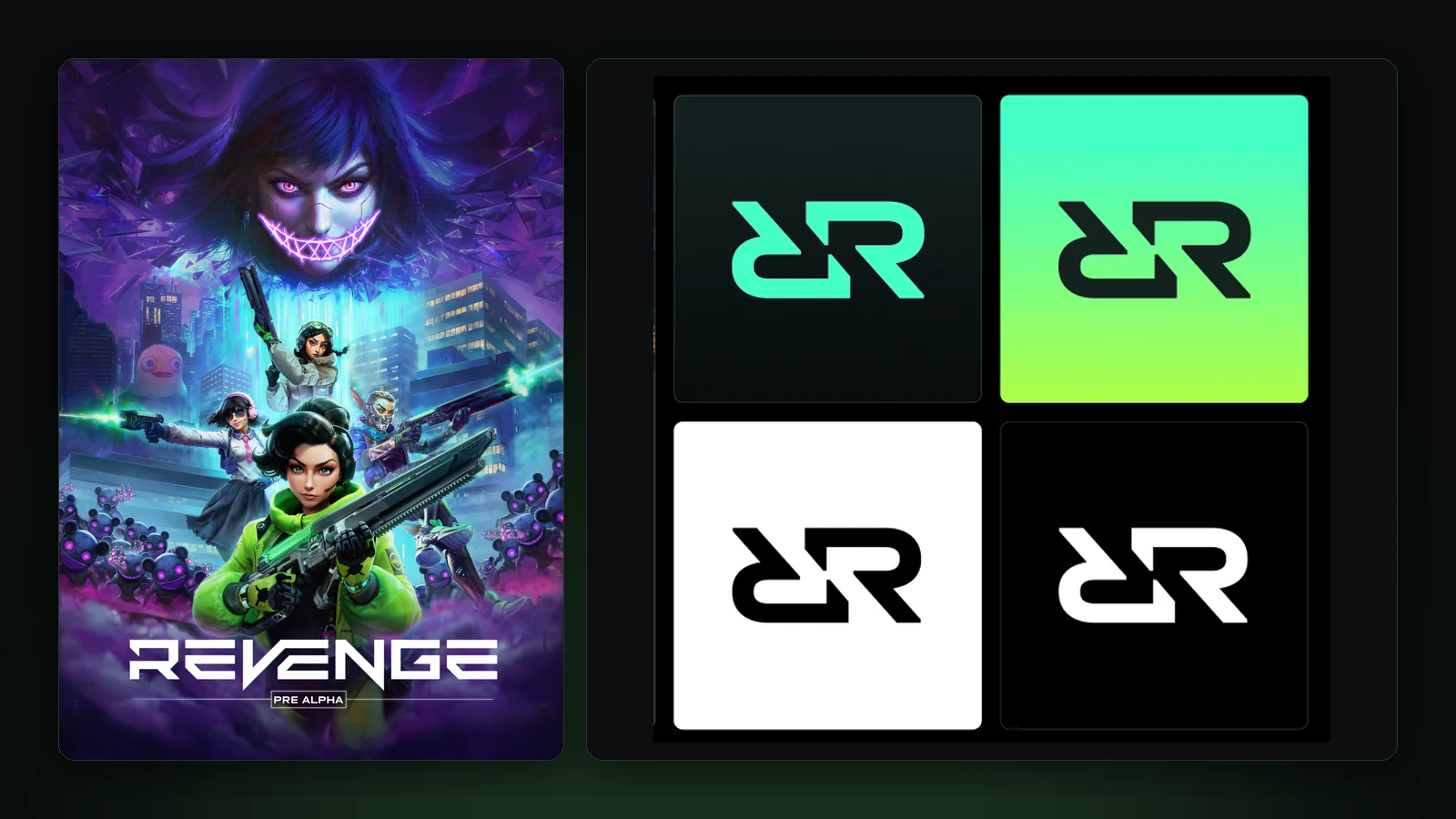REVENGE pre-alpha cover art beside the Everreach mark in four colourways