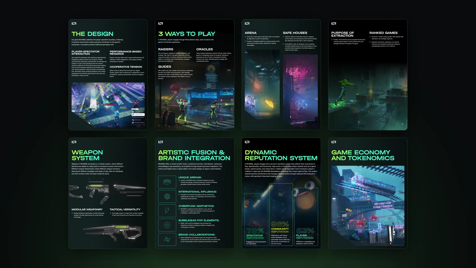 Eight whitepaper pages: the design, three ways to play, arena, ranked games, weapon system, brand integration, reputation system, game economy