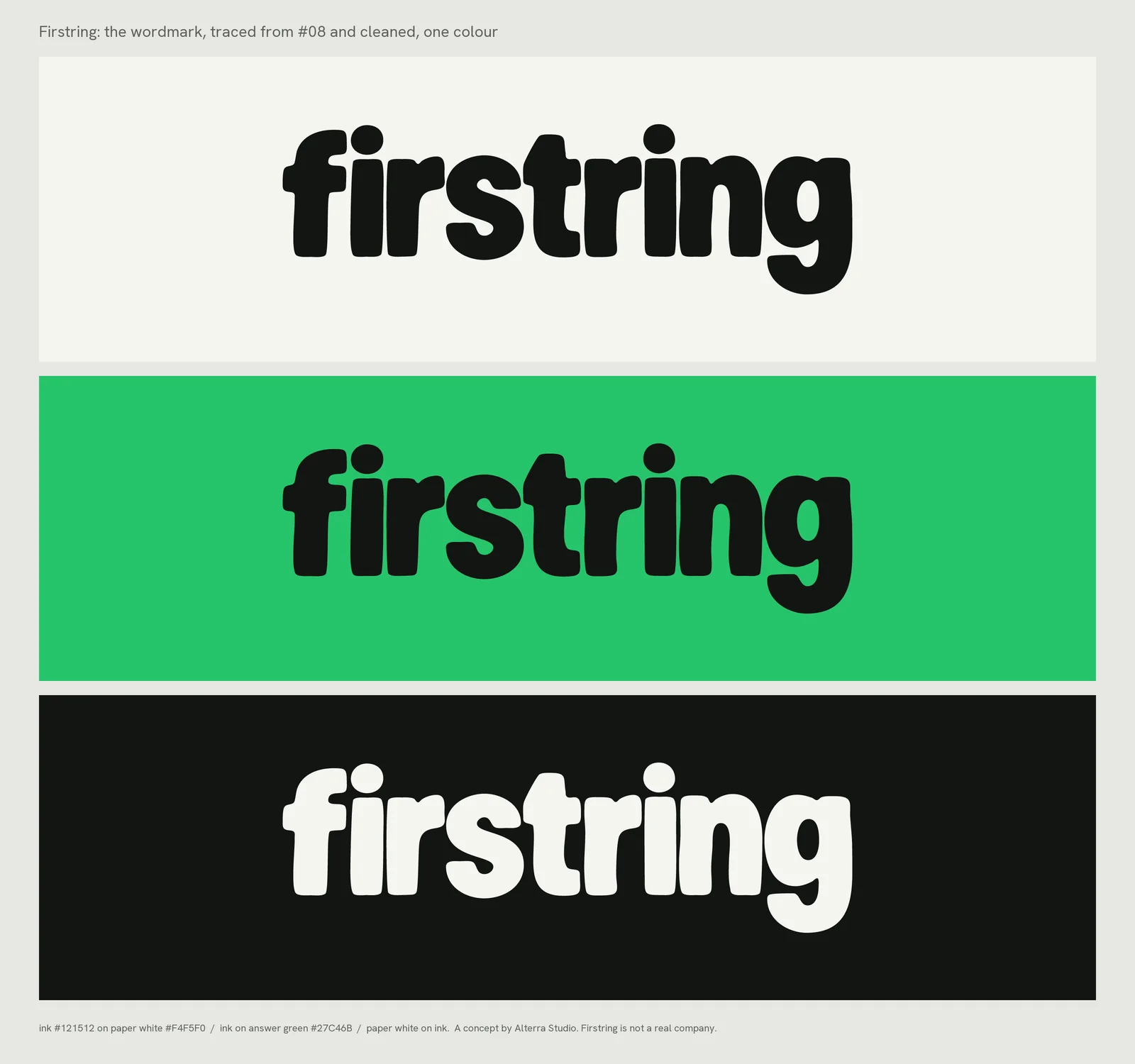 The Firstring wordmark on green, ink and paper