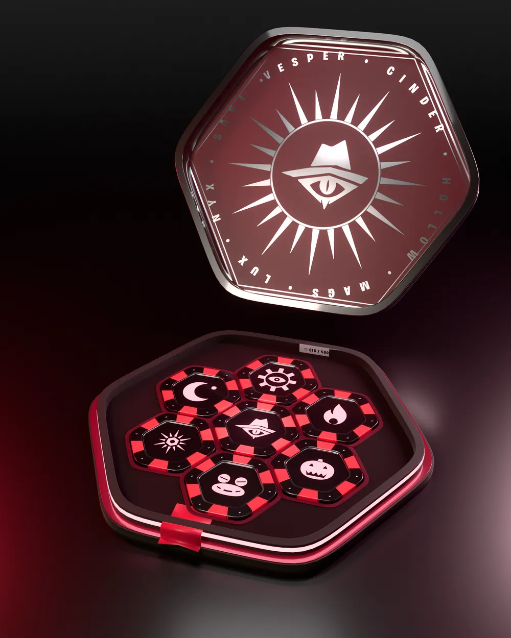 The Coven Set: a hex case open on seven chips, Vesper's mark in the lid
