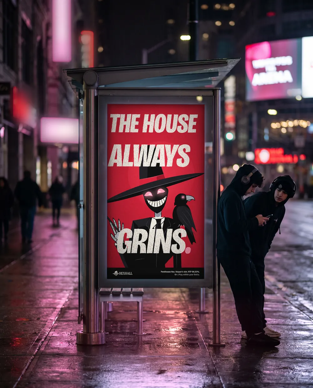A bus shelter at night carrying The house always grins