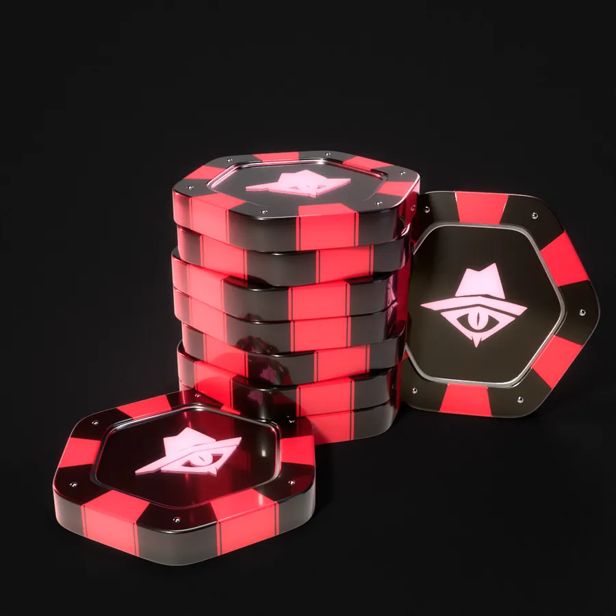 A stack of hex chips in black lacquer with red rims and the brim mark