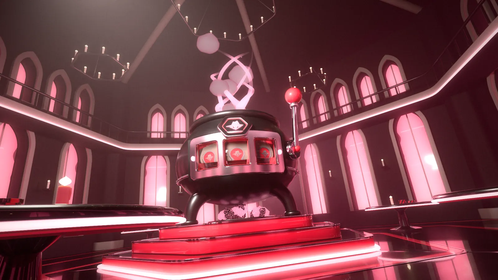 The grand hall: a hexagonal gothic room with lancet windows, a gallery and the cauldron slot machine on a three-step dais