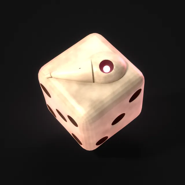 A bone die with red hex pips and a crow skull on the one face