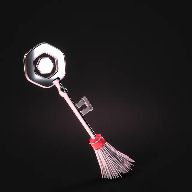 The broom key: a hex bow with a pink gem and silver bristles