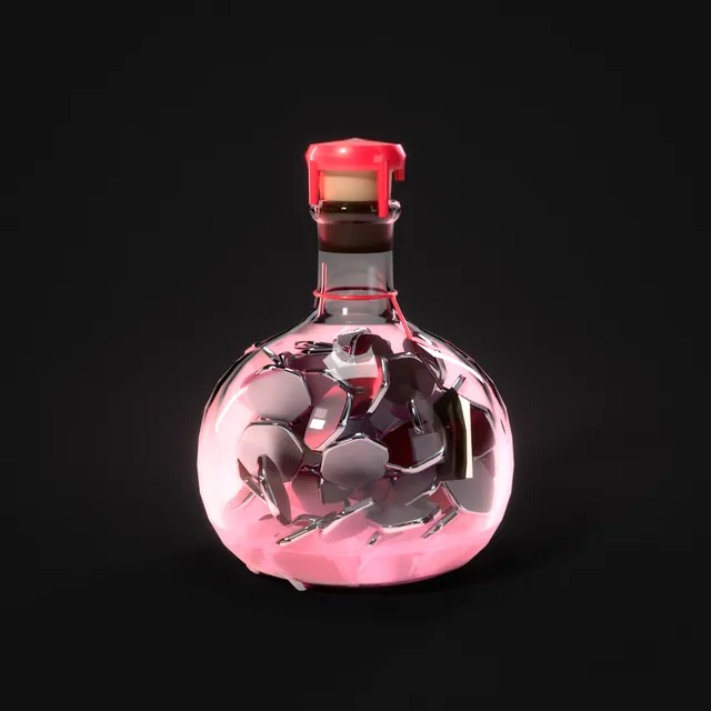 A potion flask full of silver and red hex coins in glowing pink liquid
