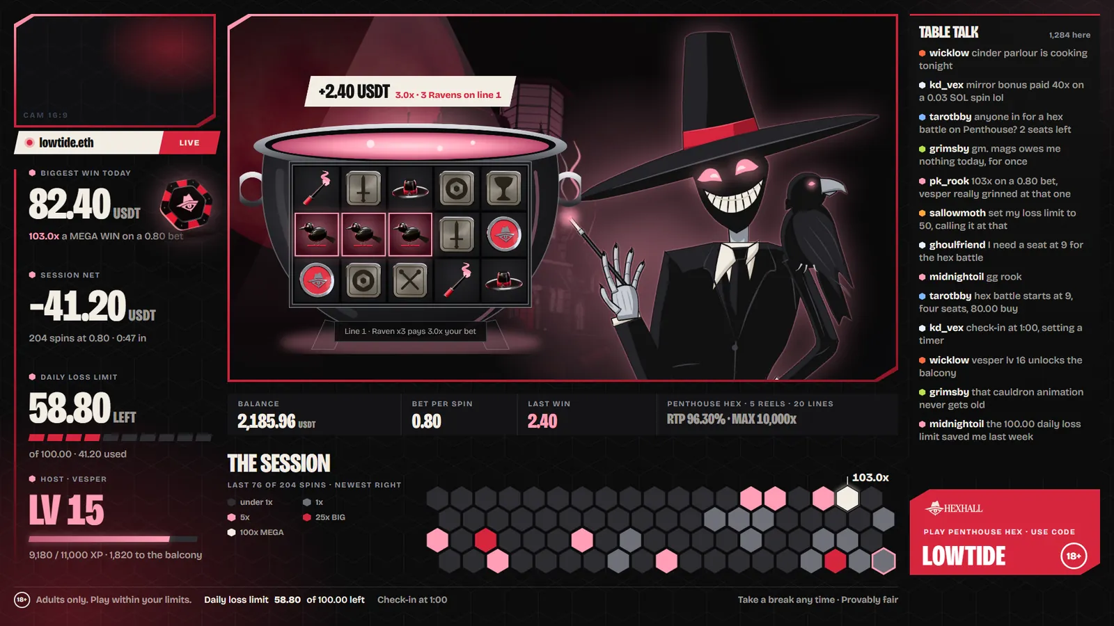 The stream overlay: the live slot, the session, the limit left, level and chat
