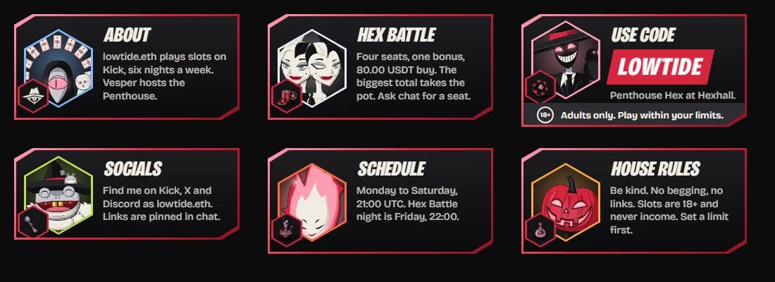 Six channel panels: about, code, Hex Battle, rules, schedule and socials