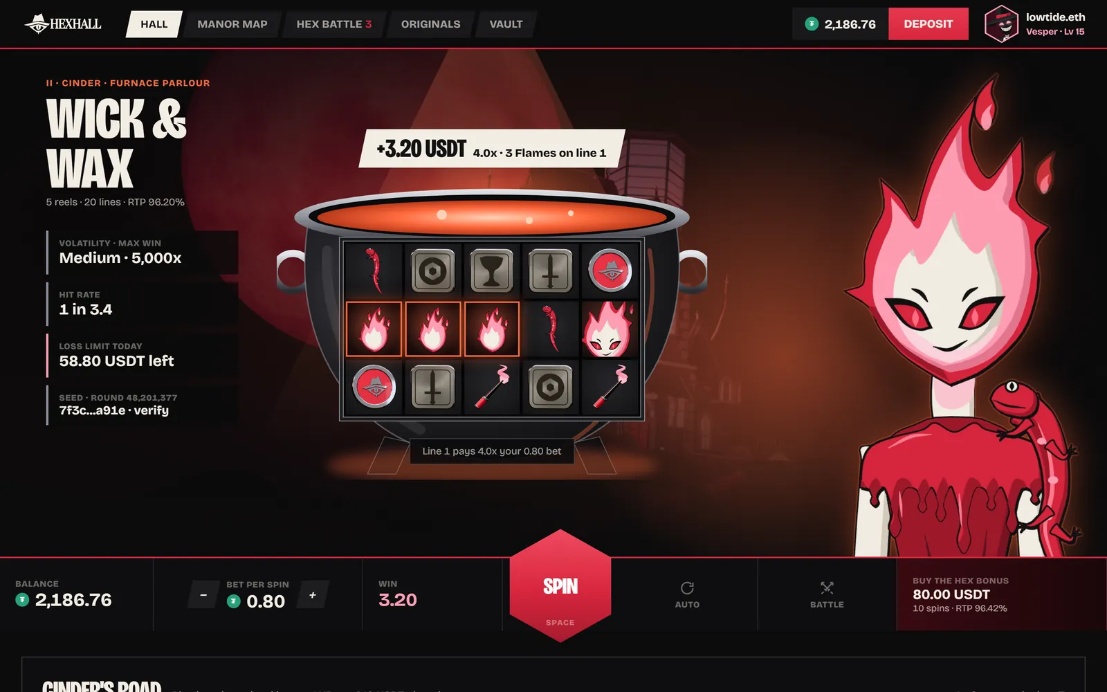 Cinder's slot, Wick & Wax, lit in flame