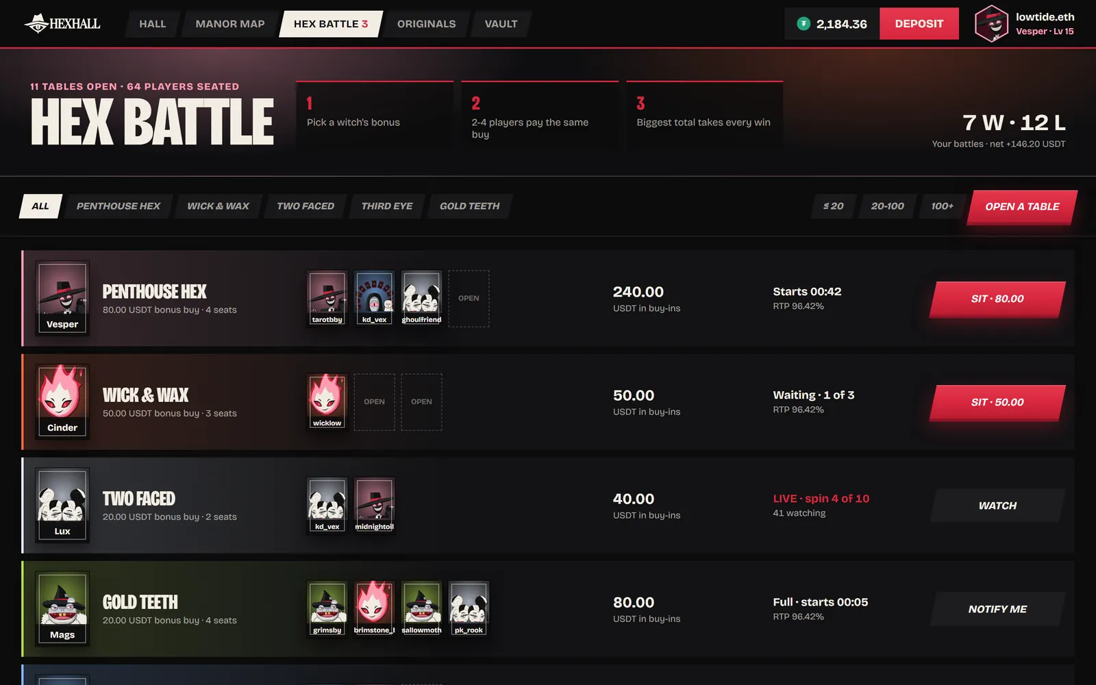 Hex Battle tables: each shows the witch's bonus, the buy, its RTP and the seats taken