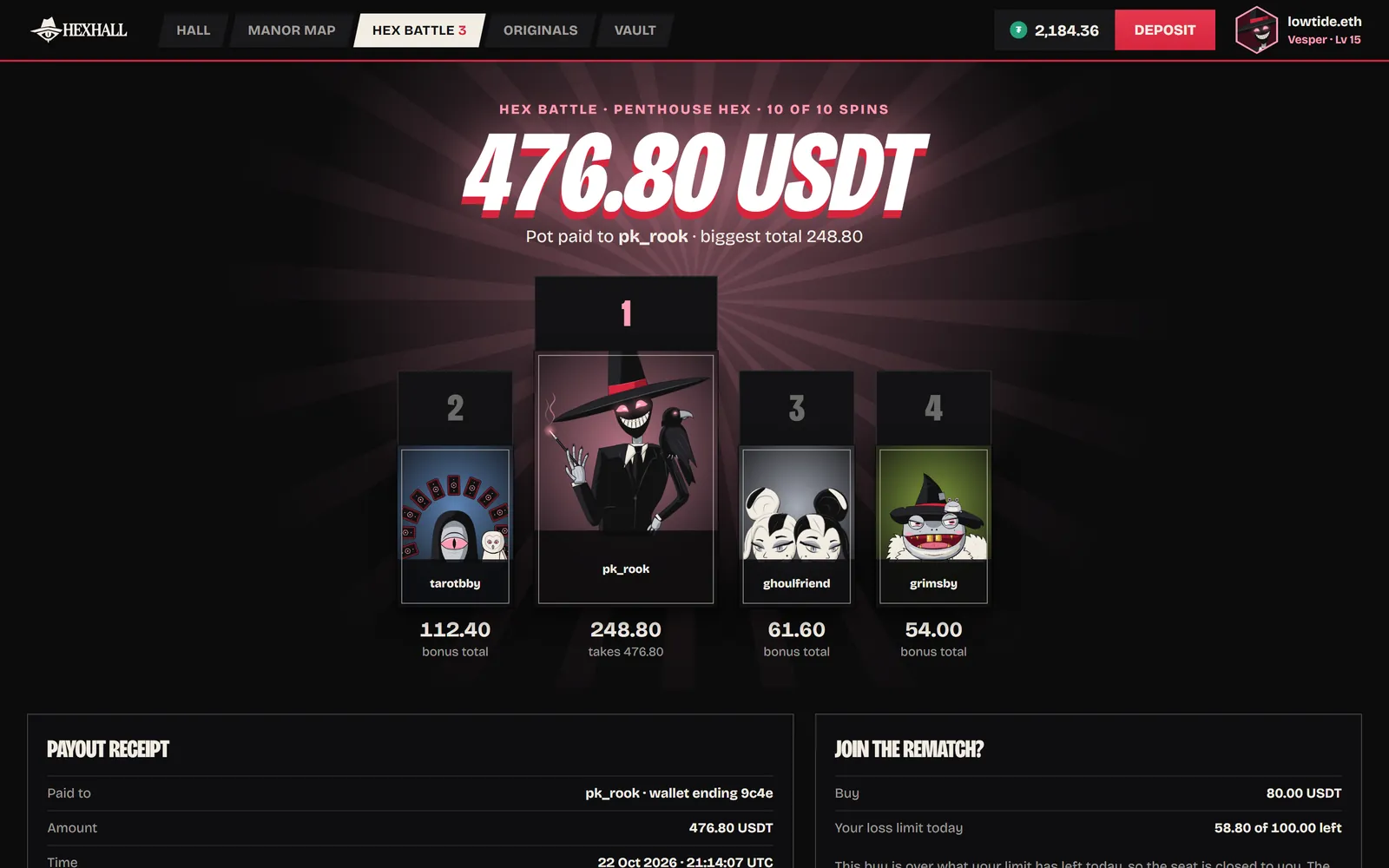 The result: the biggest total takes the pot, the podium of host cards