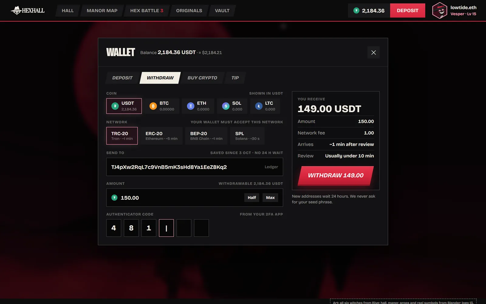 The withdraw sheet: the amount you can take out, the network fee and when it arrives
