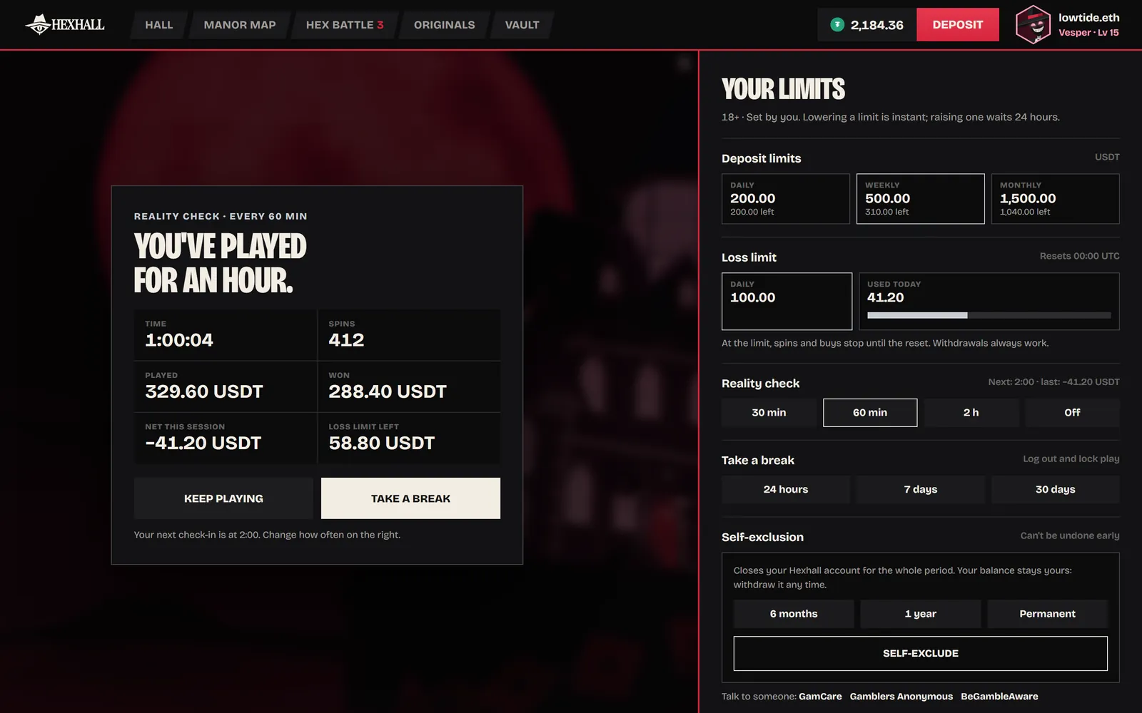 The hourly check-in card and the player's limits