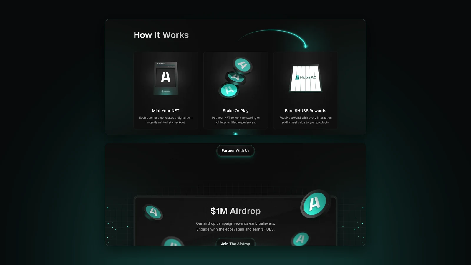 How it works: mint your NFT, stake or play, earn $HUBS; then the $1M airdrop