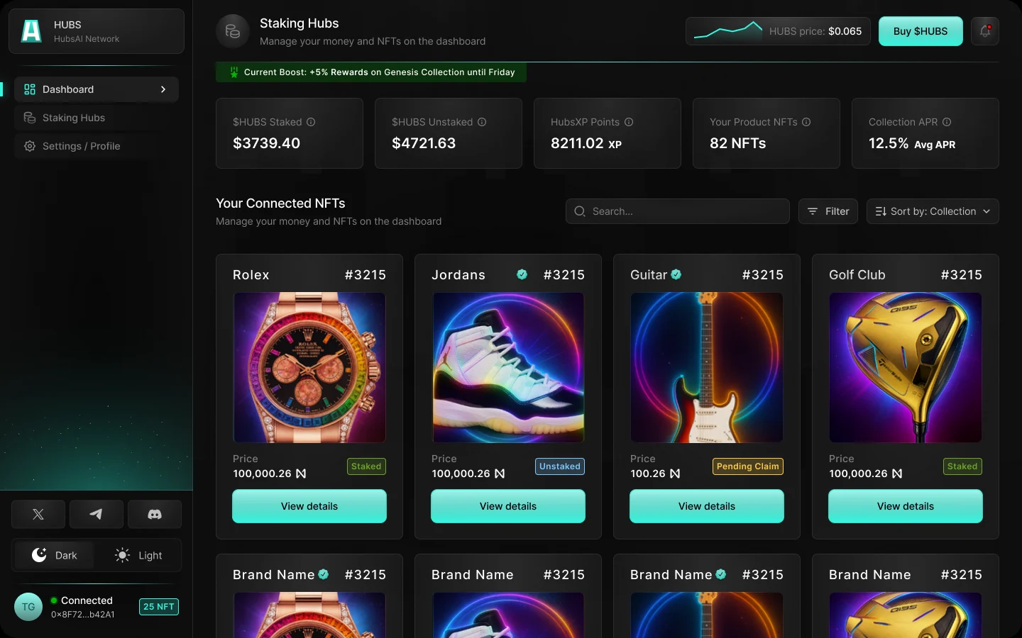 The first HubsAI dashboard, opening on product cards