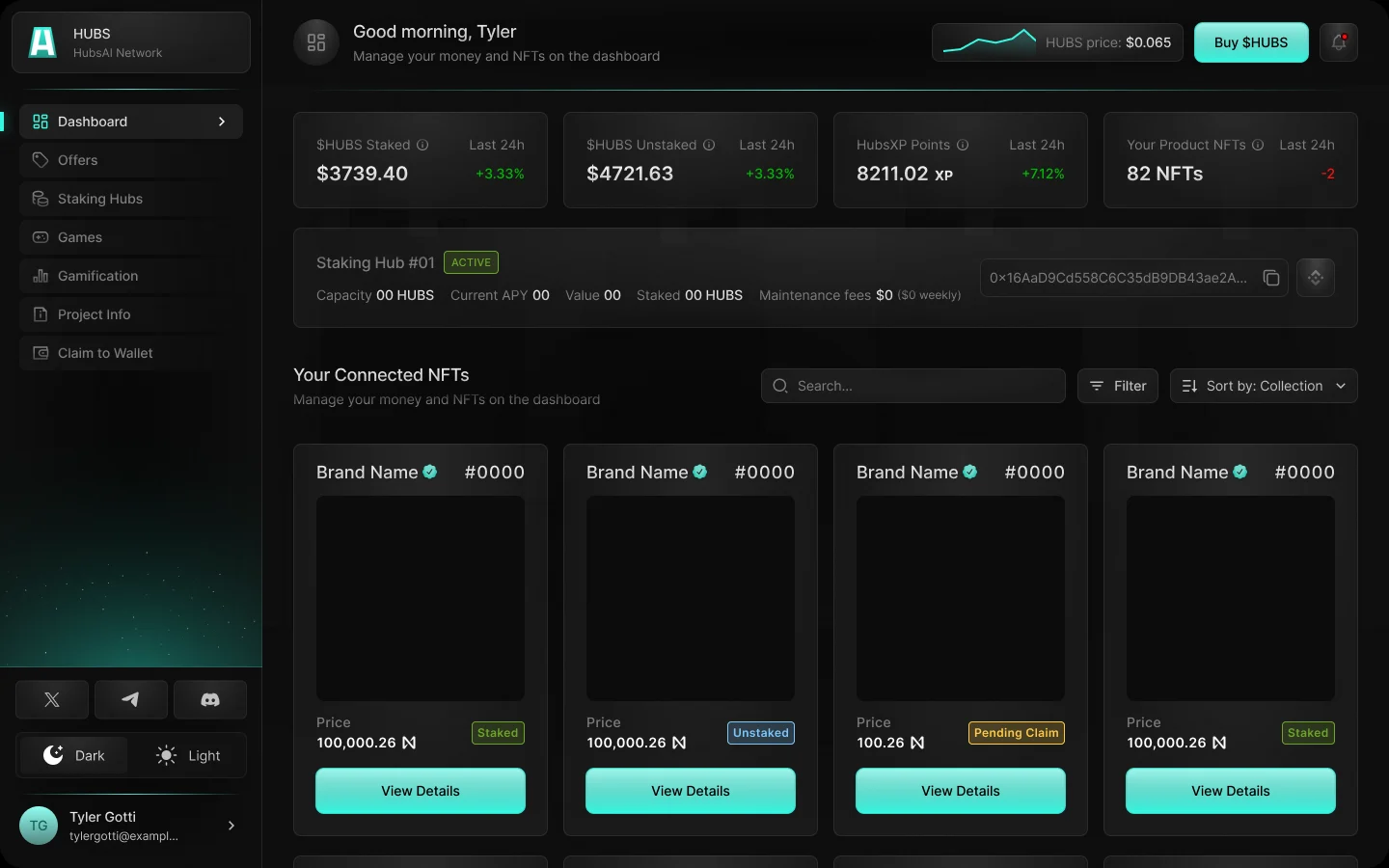 The reworked HubsAI dashboard, opening on balances and the staking hub