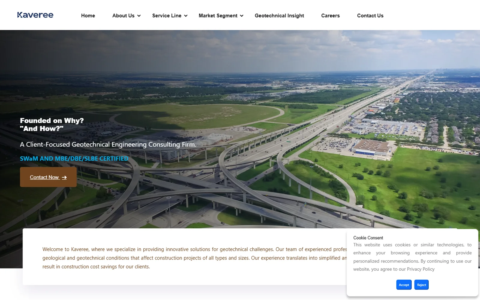 The old kaveree.com home page: an aerial highway photo, 'Founded on Why? And How?', a Contact Now button and a cookie banner