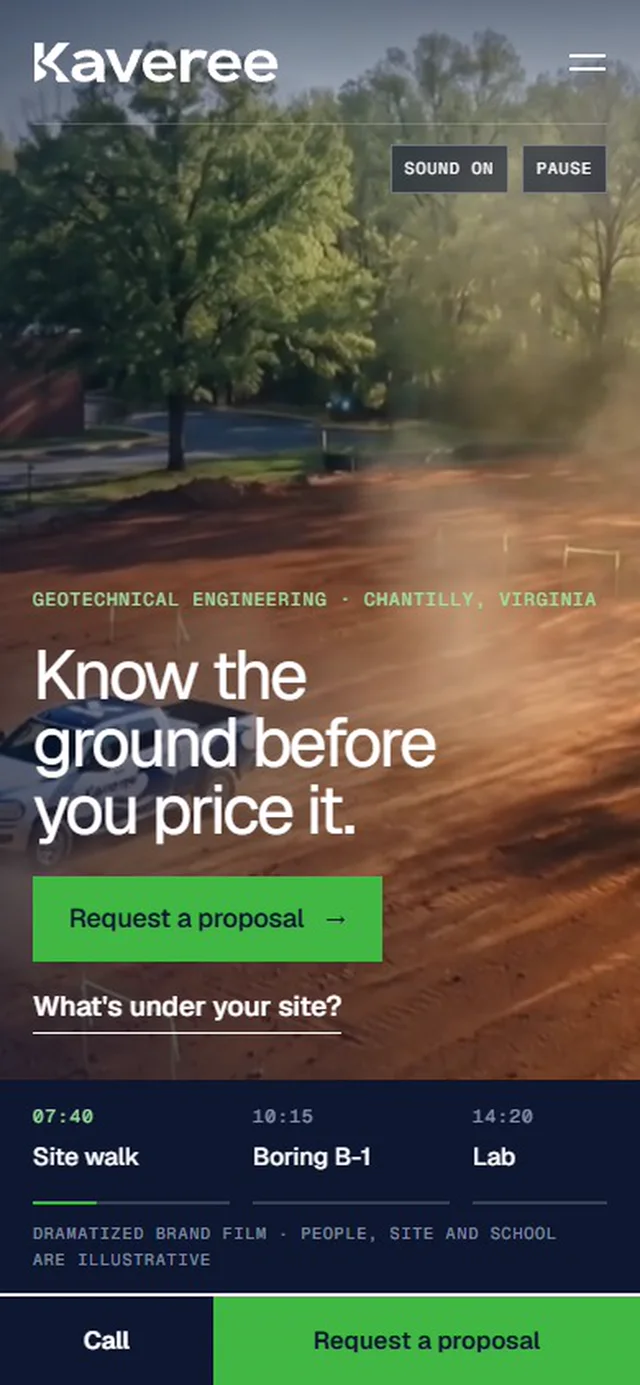 The Kaveree home page hero on a phone: Know the ground before you price it
