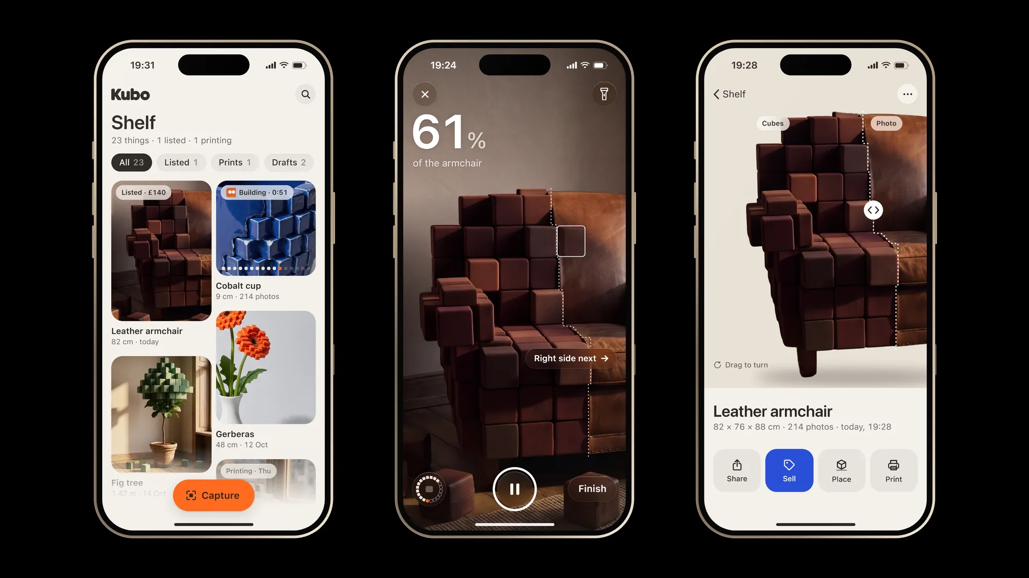 Three iPhones on black: the Shelf of captured things, the capture screen at 61 percent and the finished armchair model