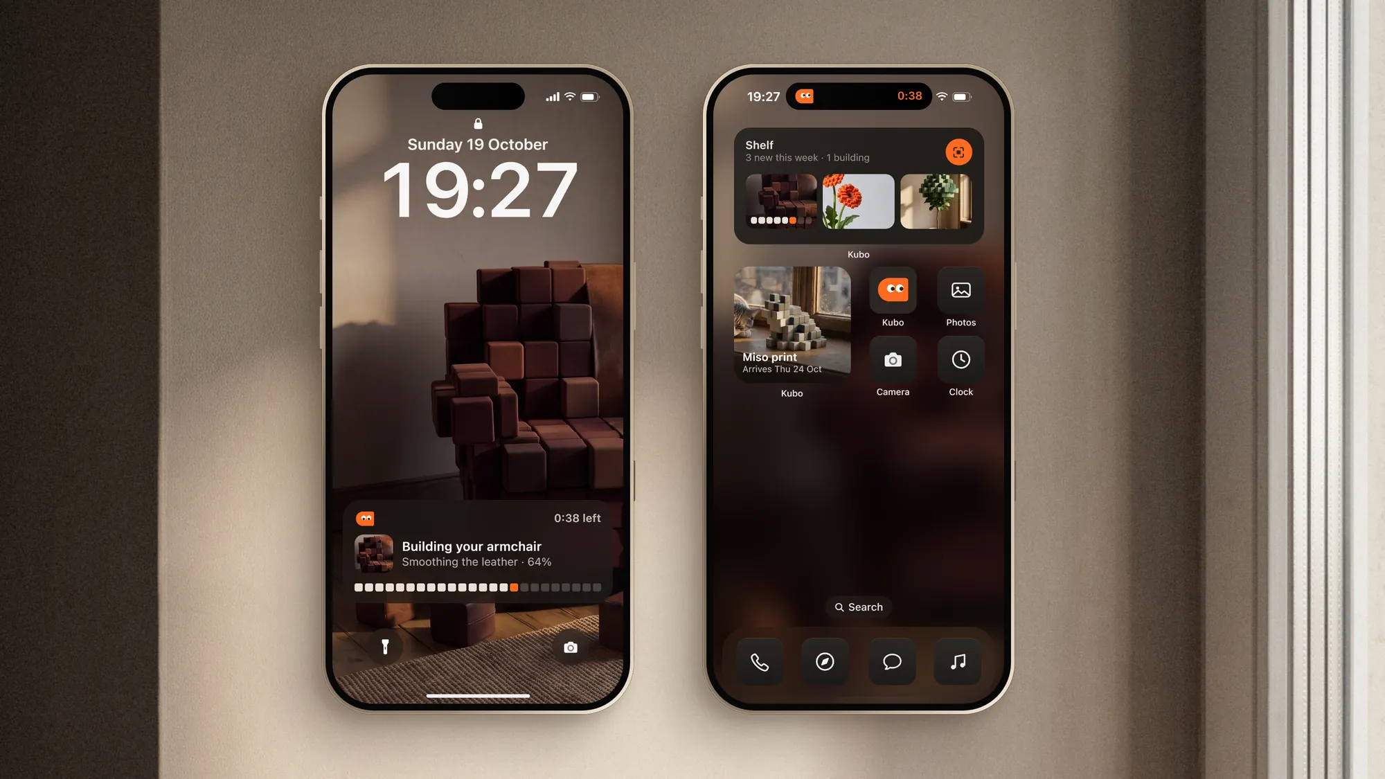 Two iPhones on a sunlit wall: a Kubo Live Activity on the Lock Screen and Kubo widgets on the Home Screen