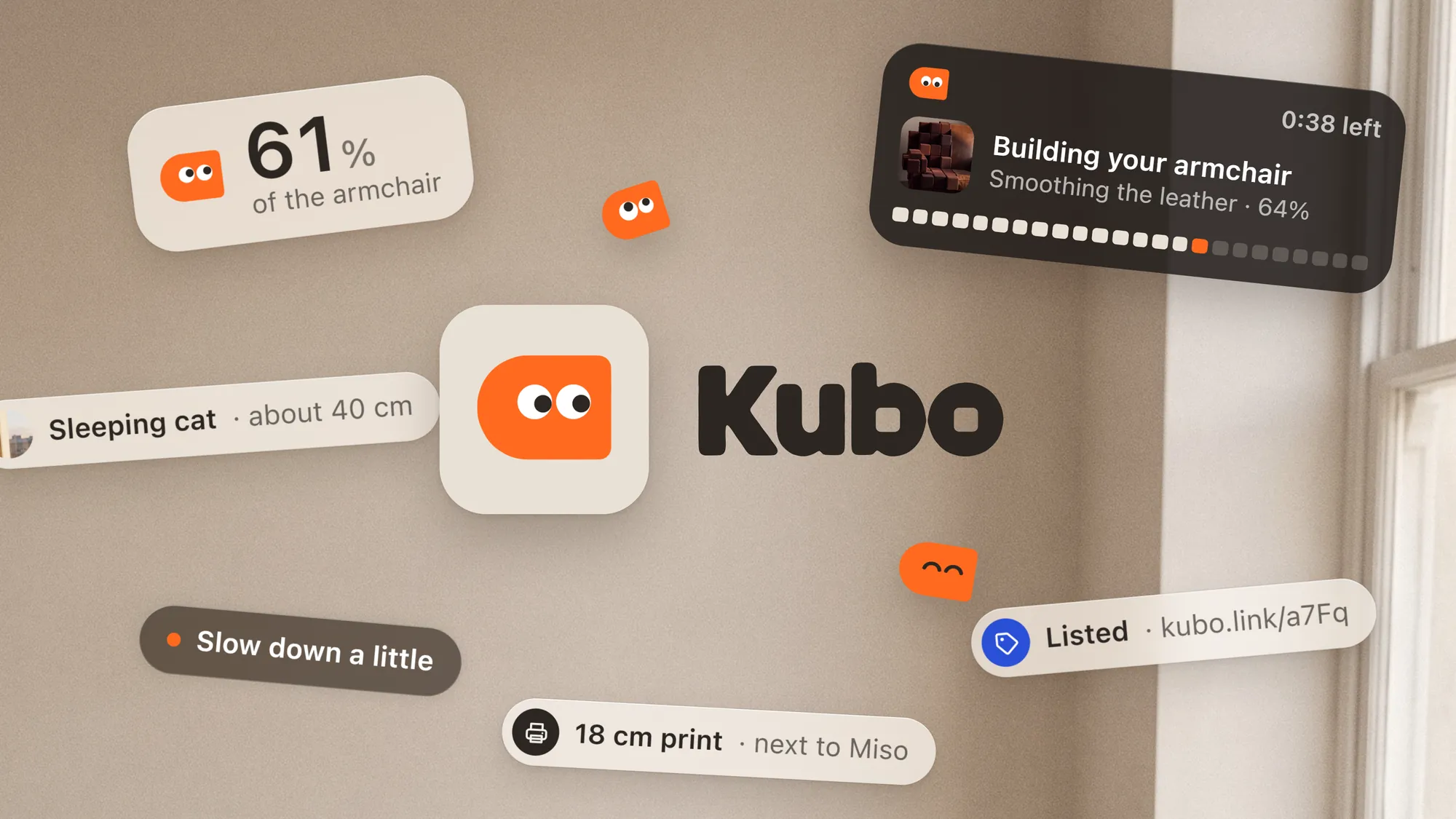 The Kubo app icon and wordmark on plaster among floating labels from the app