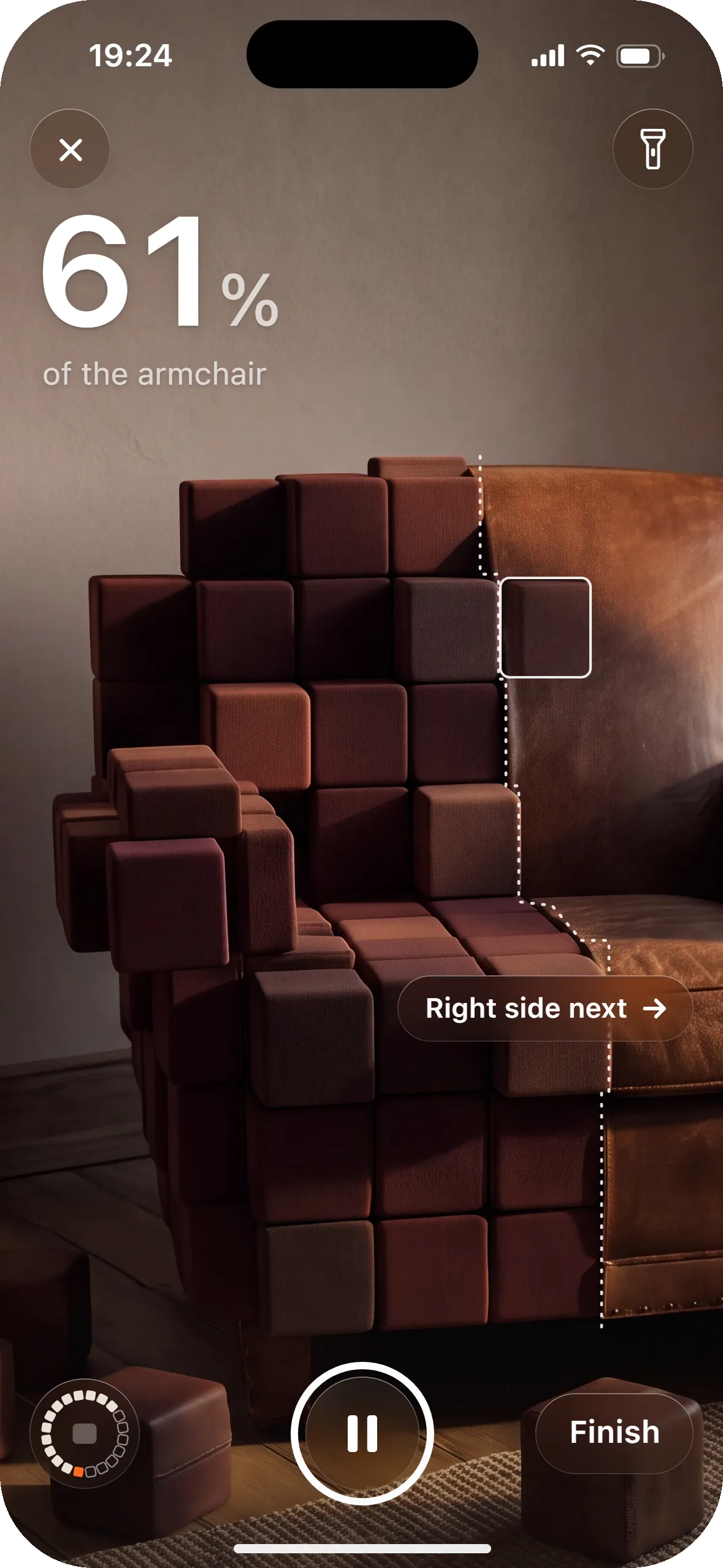 Direction 3: 61 percent of the armchair over the wall, a dotted seam and a Right side next chip