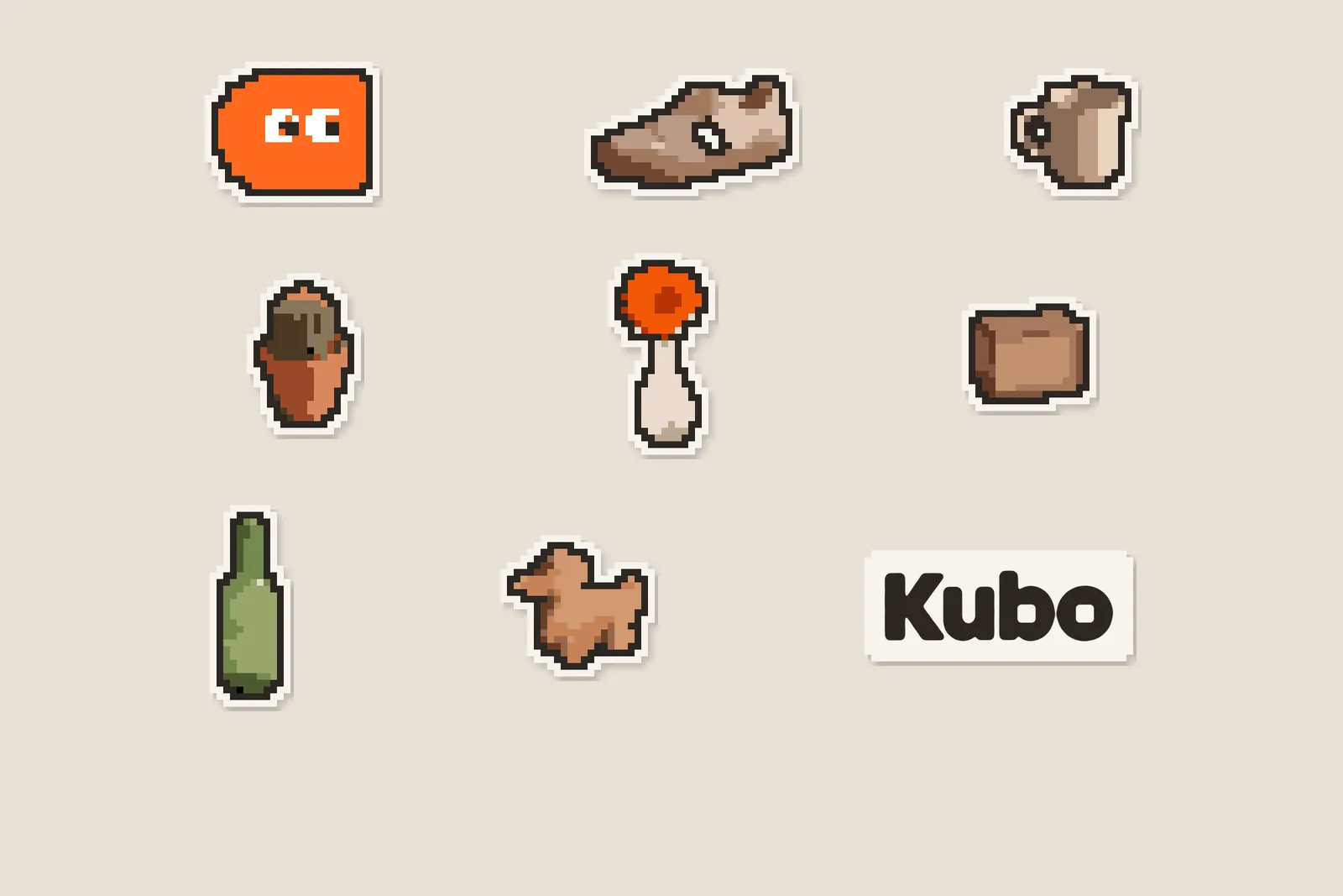 The Kubo sticker sheet: the mark, the wordmark and pixel versions of captured objects