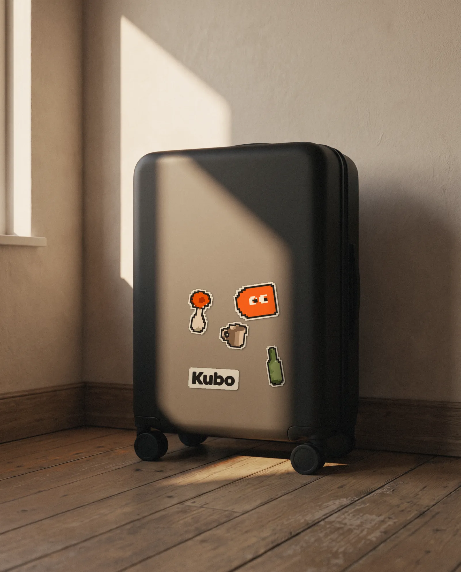 Pixel stickers of the mark, a gerbera, a mug and a bottle on a carry-on in window light