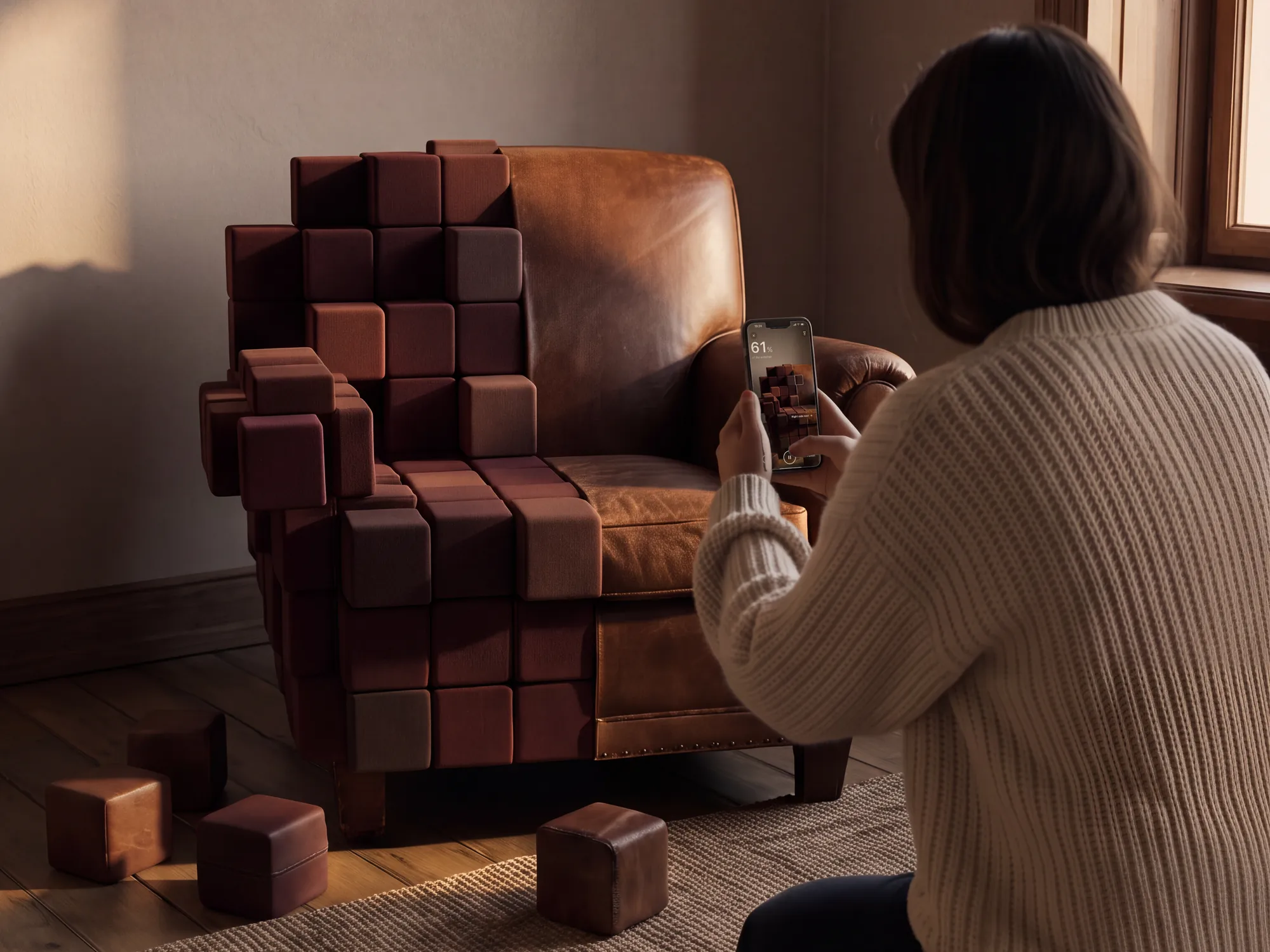 Kubo key art: a woman kneels by a leather armchair with her phone; the side she has captured has turned into cubes cut from its own leather