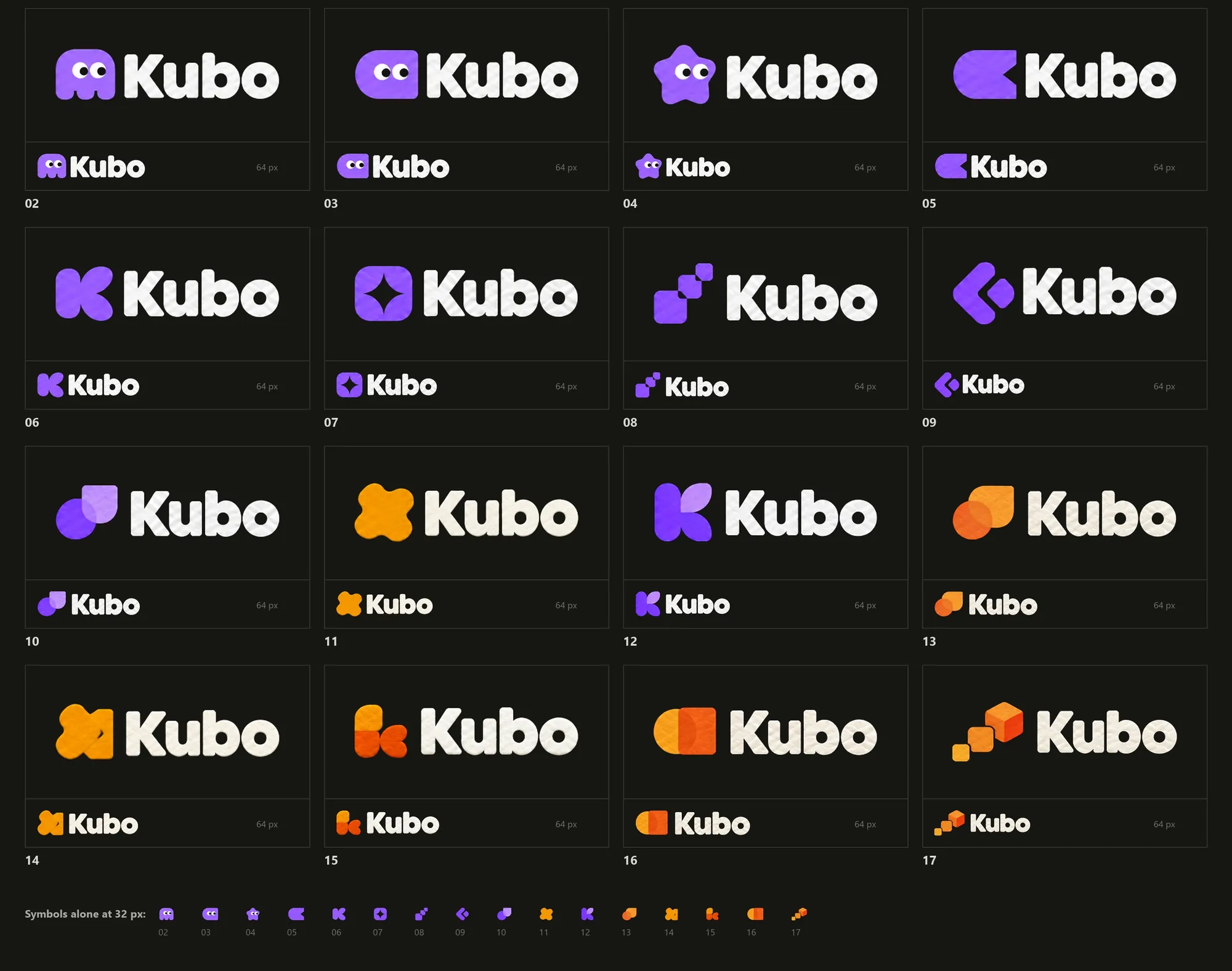 Sixteen logo candidates, 02 to 17, each at full size and at 64 pixels, with the symbols alone at 32 pixels