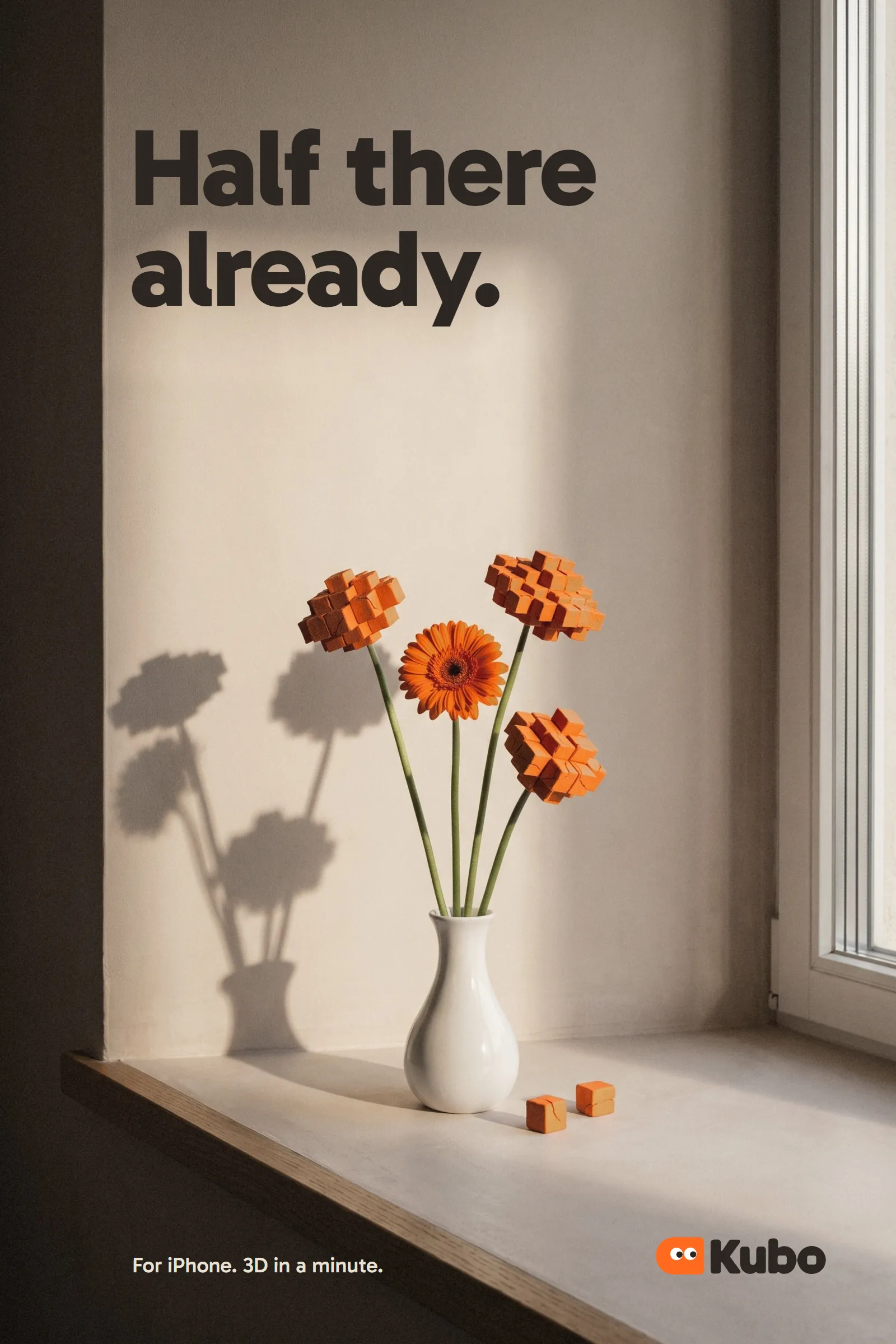 Poster: Half there already, over half-cube gerberas on a windowsill