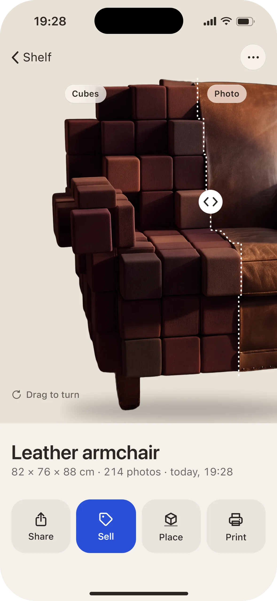 The model on its photo with Share, Sell, Place and Print