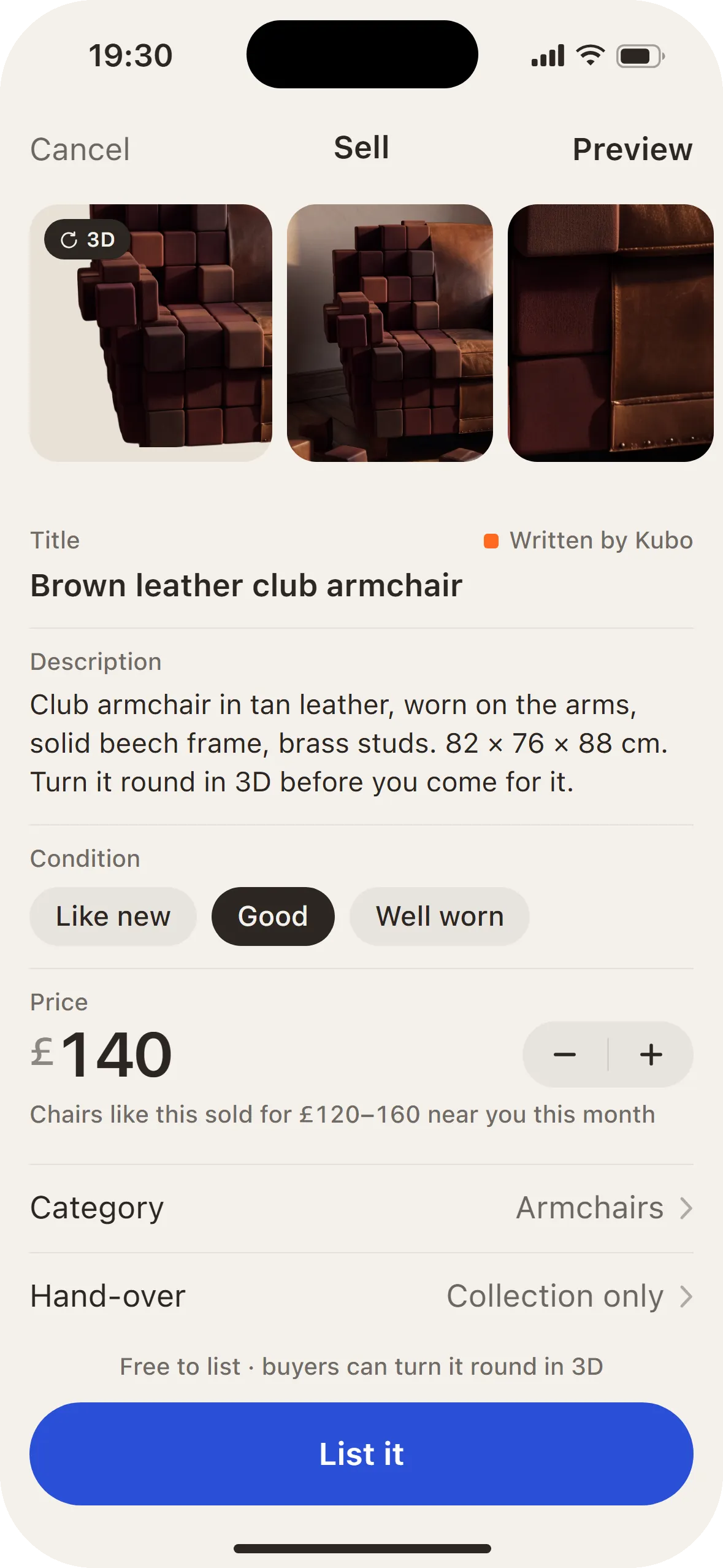 The listing, with the 3D model as the first photo and a cobalt List it button