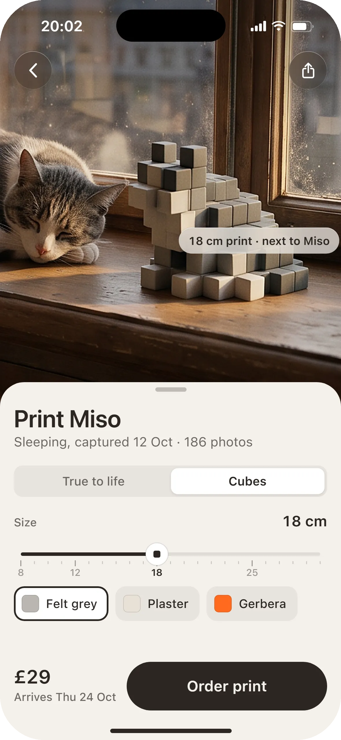 Print Miso: an 18 cm print in cubes beside the sleeping cat