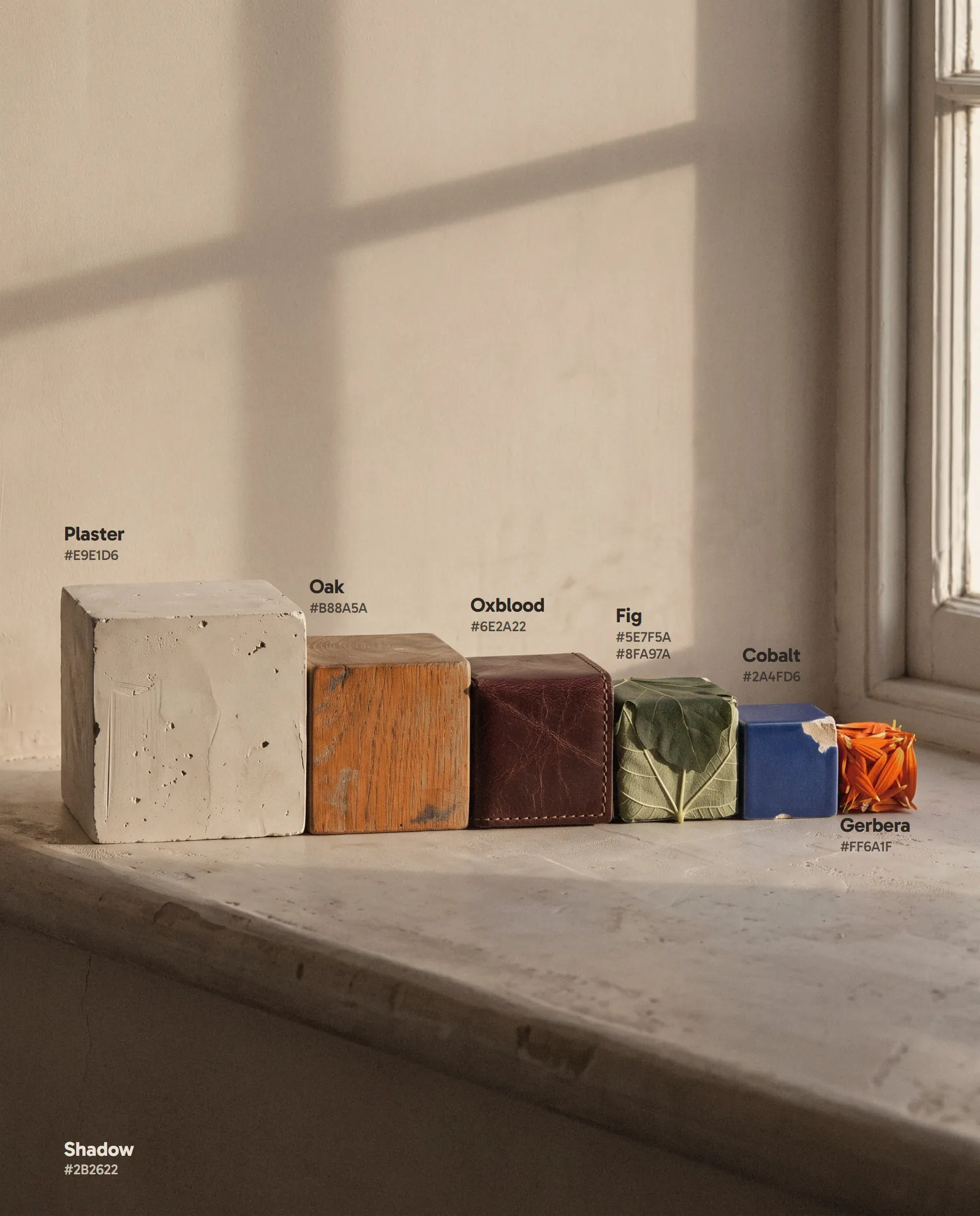 The palette as six material cubes on a windowsill: plaster, oak, oxblood leather, fig, cobalt and gerbera orange