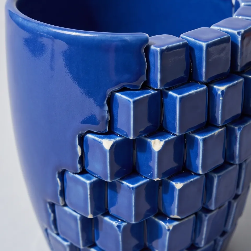 A cobalt cup whose glaze turns into glossy cubes along one seam