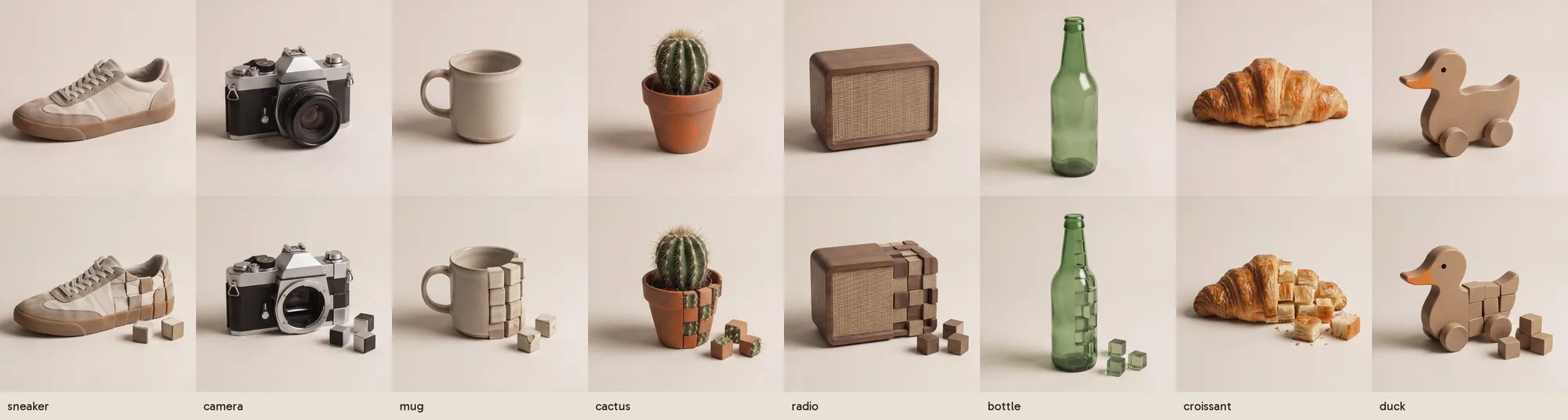 Eight objects before and after capture: sneaker, camera, mug, cactus, radio, bottle, croissant and a wooden duck, each half turned to cubes