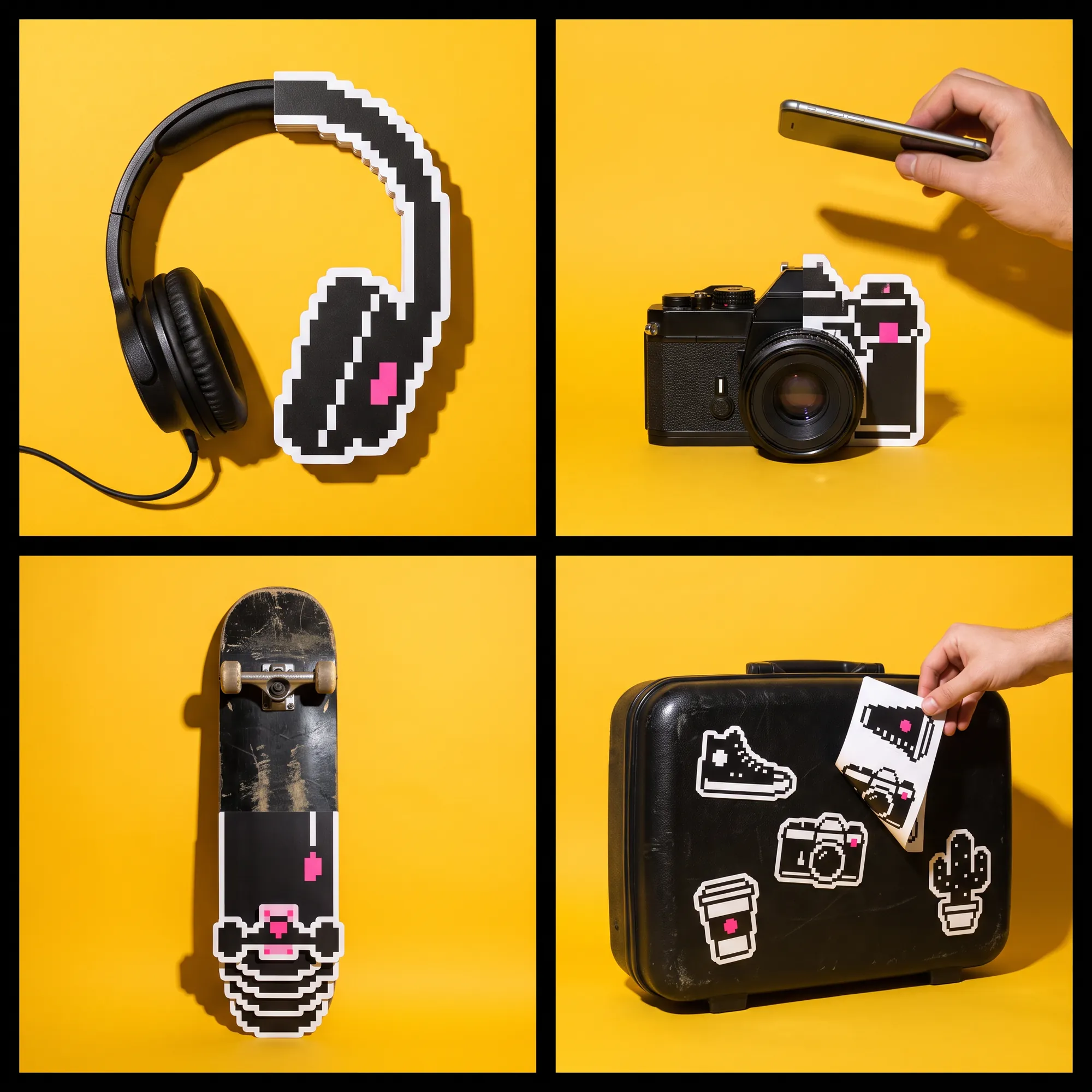 World 3, Pixel Pop: headphones, a camera, a skateboard and a suitcase with die-cut pixel halves on yellow