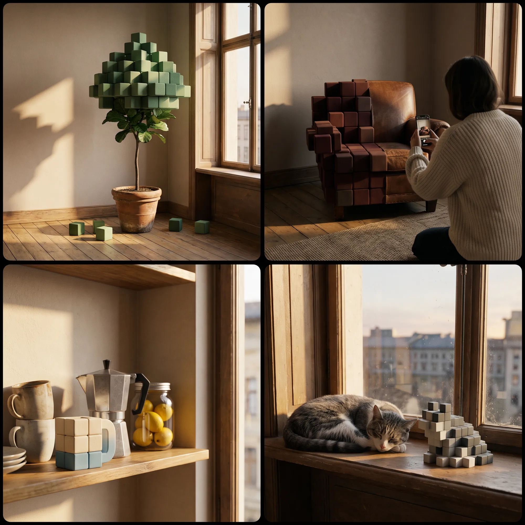 World 2, Sunroom: a fig, an armchair, a mug and a cat in a sunlit flat, each half turned to cubes