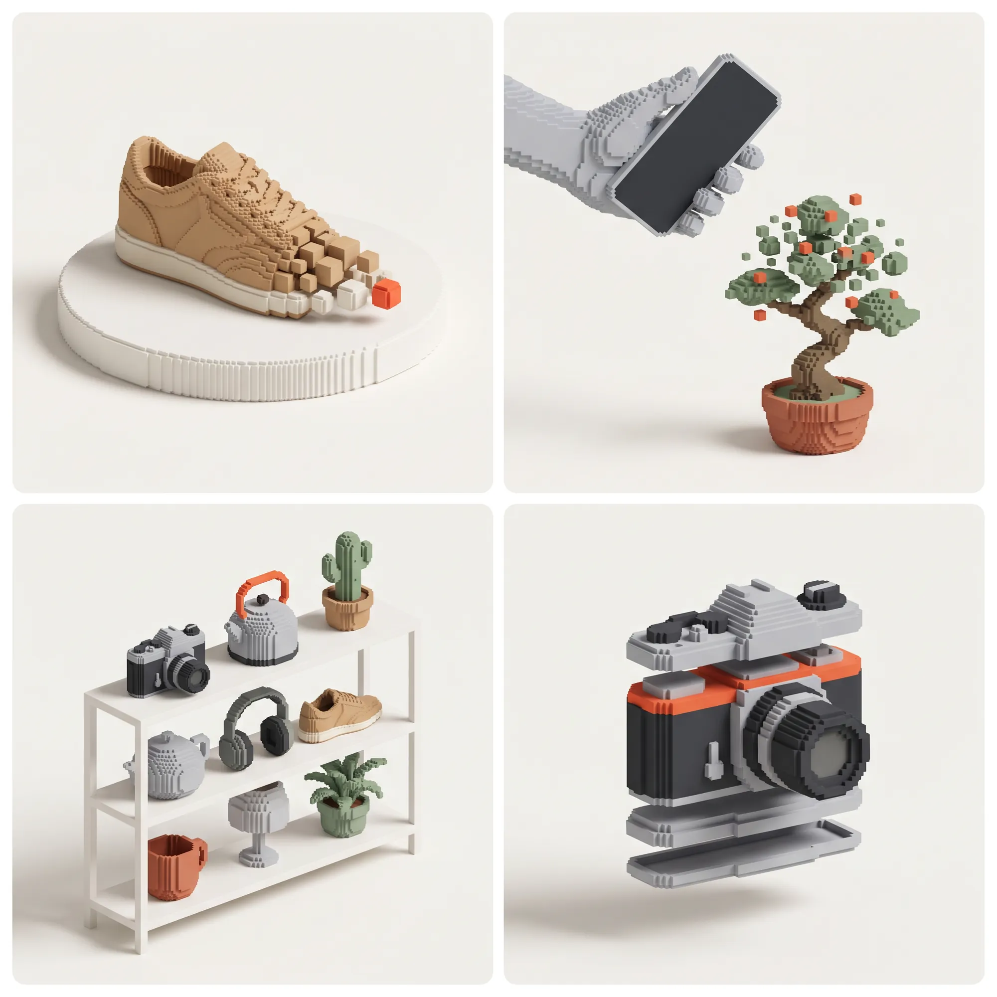 World 4, Toy Voxel: a sneaker, a bonsai, a shelf and a camera as clean 3D voxels