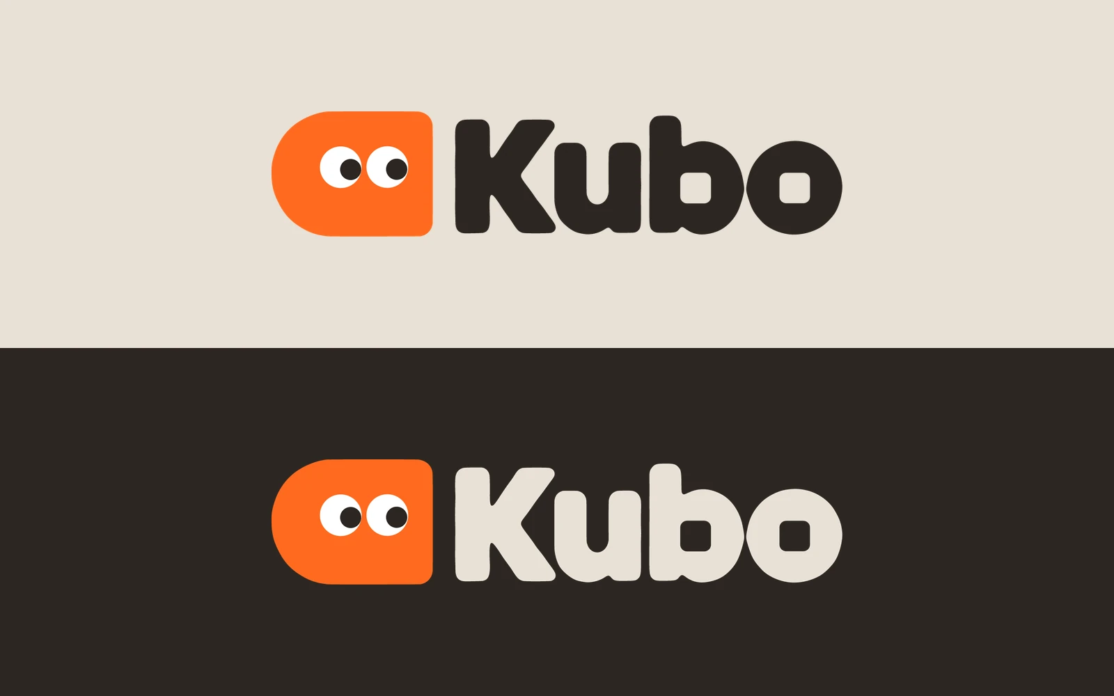 The Kubo lockup, an orange soft cube with eyes beside the wordmark, on plaster and on shadow