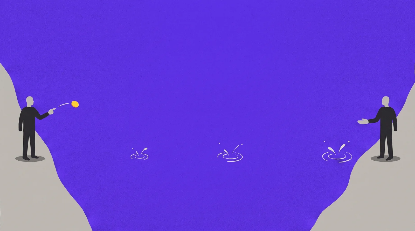 Landfall key art: a coin flicked across a violet ocean from one shore to the other